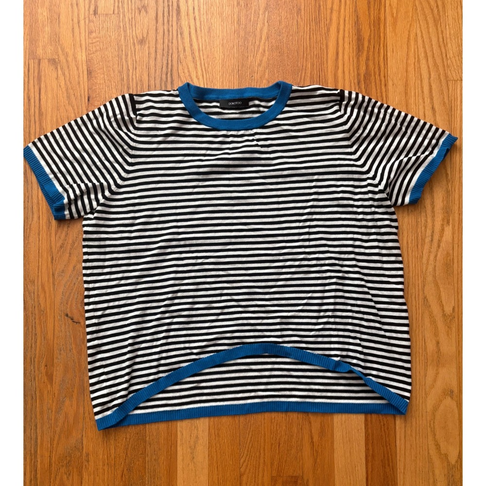 Dokotoo Womens XL Black White Striped Knit Top Blue Trim High Low Short Sleeve